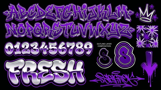 Wild Style Graffiti Tag and Street Art Bubble Letter Element Set in Chrome Silver and Electric Purple on Black for Hip Hop Urban Streetwear and Music Brand Design