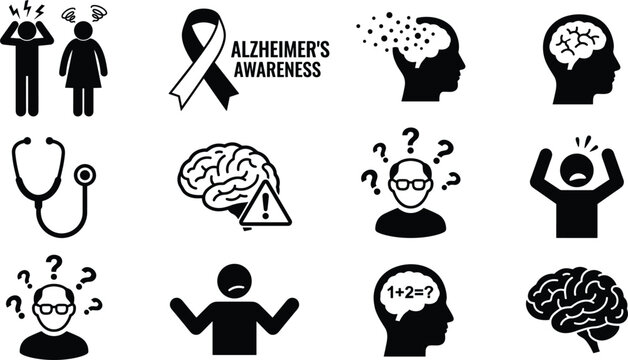 Alzheimer's Awareness Icon Set with Brain, Memory Loss, Confusion, Stethoscope, Ribbon, and Dementia Patient Silhouette Symbols