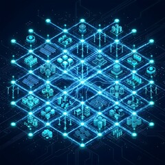 Obraz premium Smart grid global network visualization with all blue glowing nodes and luminous lines on dark navy world map background