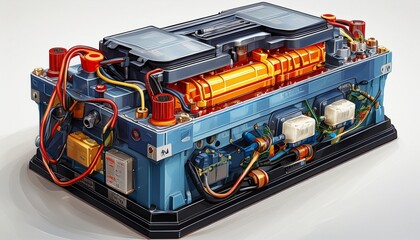 Naklejka premium car battery showing the internal components for starting vehicles and providing electrical power on a white background