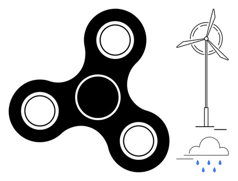 Toys, renewable energy, environmental awareness, weather patterns, sustainability, playtime. Black fidget spinner and wind turbine with a cloud and rain drops. Toys and renewable energy convergence