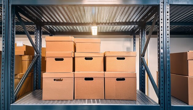 brown cardboard storage boxes kept on the rack in a storage room