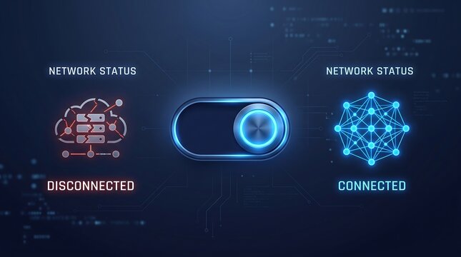 Digital network connectivity switch interface featuring glowing ui elements showing disconnected and connected status icons on a dark blue abstract background theme