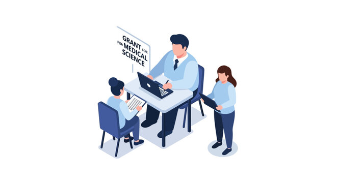 Isometric illustration of medical professionals discussing research grant application.