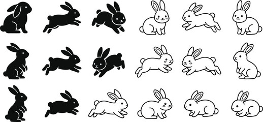 Rabbit silhouette and outline collection, bunny vector set, jumping hare icons, standing rabbit shapes, easter animal sketches, black and white bunny design. © SreeMoti