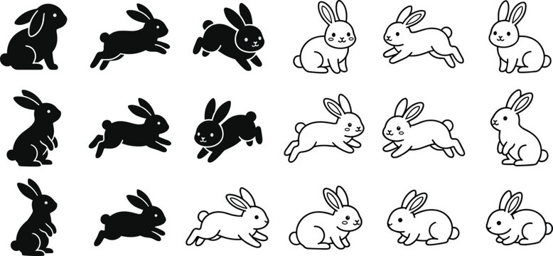 Rabbit silhouette and outline collection, bunny vector set, jumping hare icons, standing rabbit shapes, easter animal sketches, black and white bunny design.