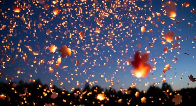 Sky Lanterns Flying at Dusk Outside.