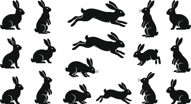 Rabbit silhouette collection, bunny vector set, jumping hare icons, standing rabbit shapes, easter animal silhouettes, black rabbit outlines for creative design.