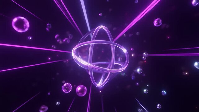 stylized 3d quantum qubit rotating on deep violet background