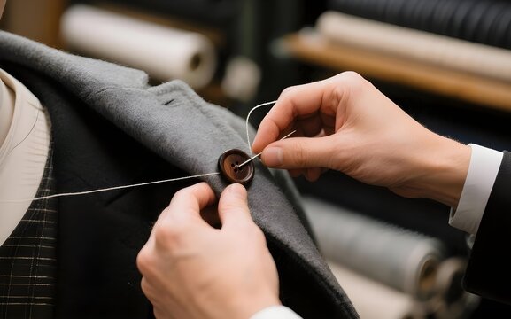 Tailor sewing a button onto a grey suit jacket in a workshop.