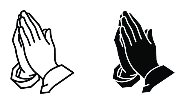 Two hands in prayer pose black and white vector illustration