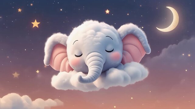 cute 3d animation of a baby elephant cloud floating in night sky with moon and stars