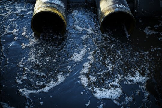 Polluted wastewater flows from industrial pipes into dark water in a stark contrast to clean environments