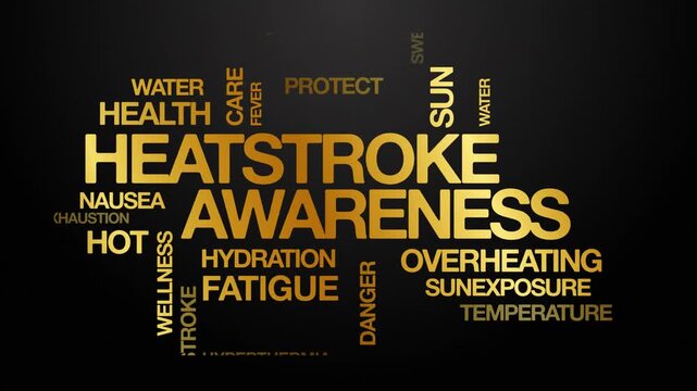 Heatstroke awareness concept Animated Tag Word Cloud kinetic typography, Text Design Animation typography seamless loop video motion graphics Intro Wordart tagcloud golden type on black background bg 