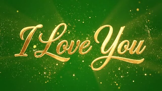 Golden love text, I Love You phrase, romantic words, green background, shiny gold letters video 4k ai