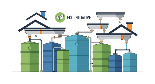 Eco friendly housing complex with solar panels and water towers.