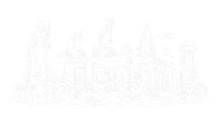 Fototapeta premium Ethereal architectural sketch of ancient ruins and statues, delicate white lines on white background