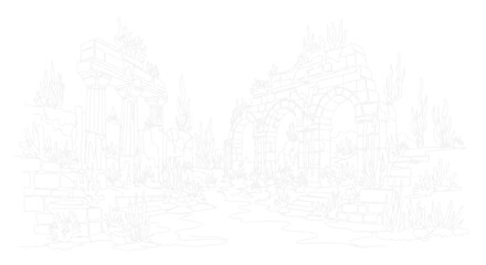 Naklejka premium Ancient Ruins Sketch: Stone Arches and Overgrown Architecture in White Outline