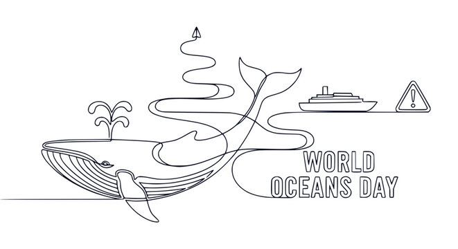 World Oceans Day: Continuous line art of whale, ship, and warning sign