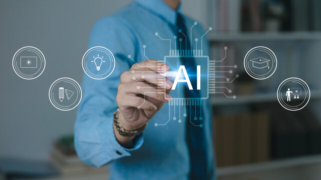 Men learn using artificial intelligence (AI), educational tools, video-based instruction, digital courses, internet lessons, and e-learning concepts.