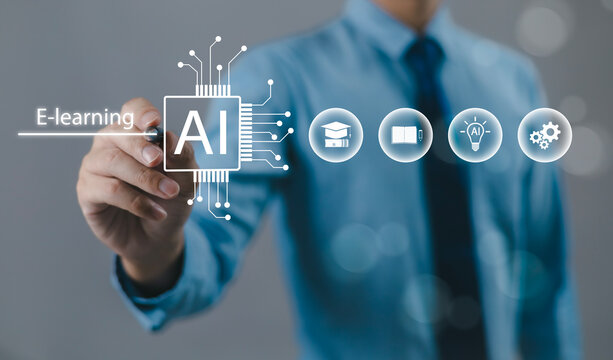 Men learn using artificial intelligence (AI), educational tools, video-based instruction, digital courses, internet lessons, and e-learning concepts.