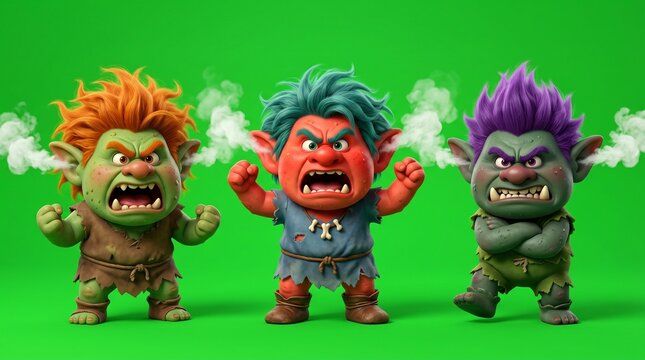 Three Angry Trolls with Colorful Hair and Furious Expressions.