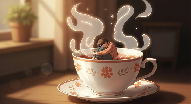 Surreal Anime Style Illustration of a Sad Figure Sitting Inside a Large Steaming Cup of Tea