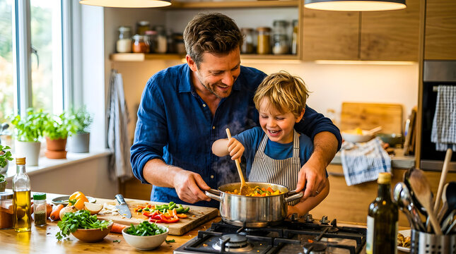 Man and boy cooking together in modern kitchen with gas stove and wooden countertops daily