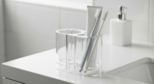 Clear plastic toothbrush holder with toothbrushes and toothpaste on bathroom countertop transparent background