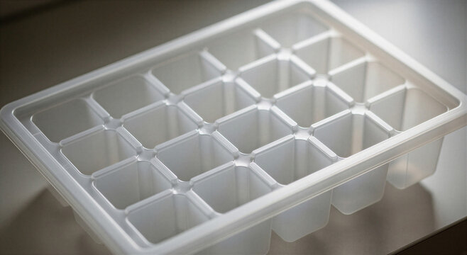 Closeup of empty plastic ice cube tray on table surface transparent background