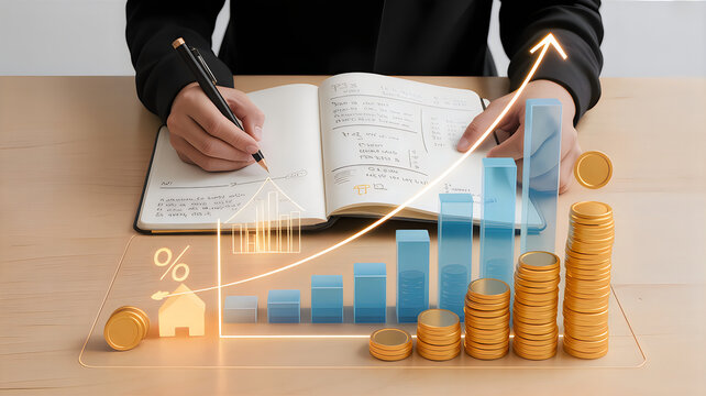 Person signing contract with growing money stacks and chart