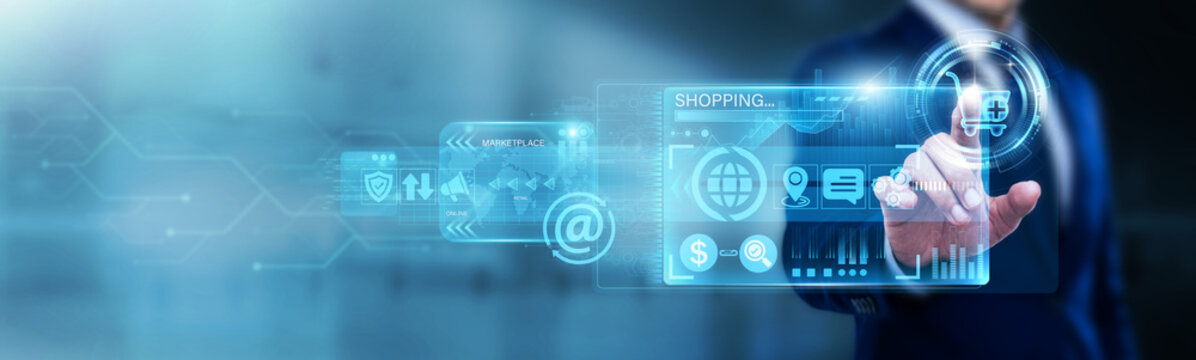 Retail Strategist pointing at E-Commerce on a digital screen. Online shopping platforms, digital storefronts, and consumer sales. Driving global trade through electronic marketplaces.