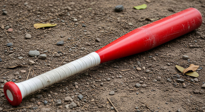 Red and white baseball bat lying on dirt ground outdoors transparent background