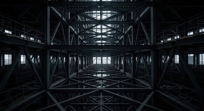 Intricate geometric steel beam structure stretching upwards, showcasing industrial architectural design and robust engineering