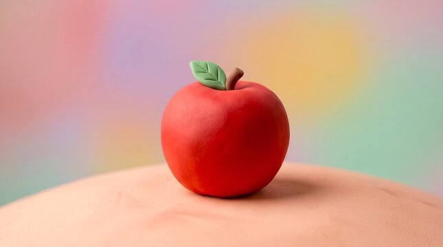 Red apple sculpture made of modeling clay on a peach colored surface