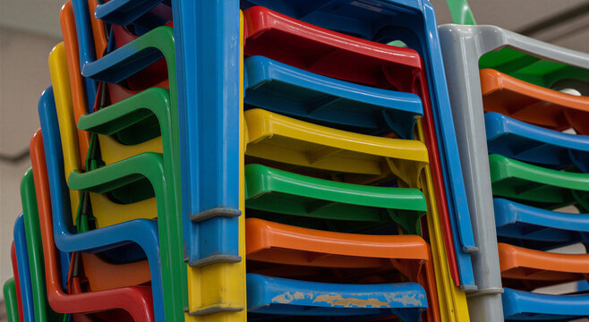 Stack of colorful plastic chairs neatly piled together indoors transparent background