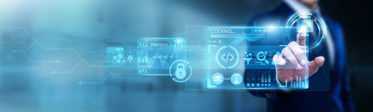 Senior Coder pointing at Software development on a digital screen. Programming logic, system architecture, and app engineering. Building digital tools to solve complex user problems.