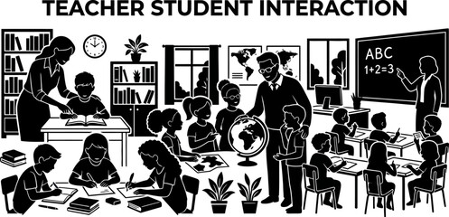 teacher student interaction in a classroom with desks and a globe and blackboard and plants © Afia