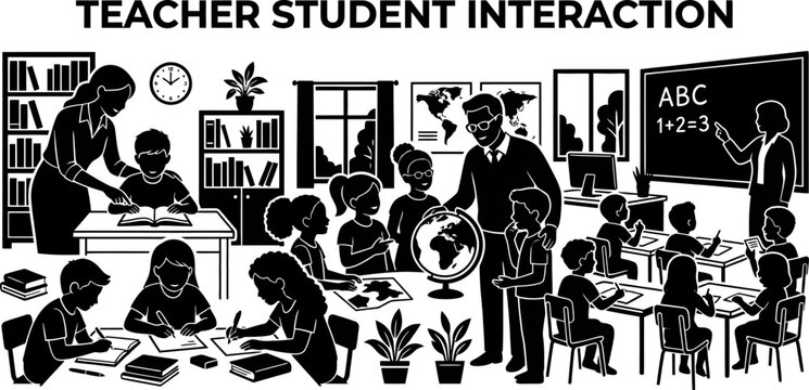 teacher student interaction in a classroom with desks and a globe and blackboard and plants