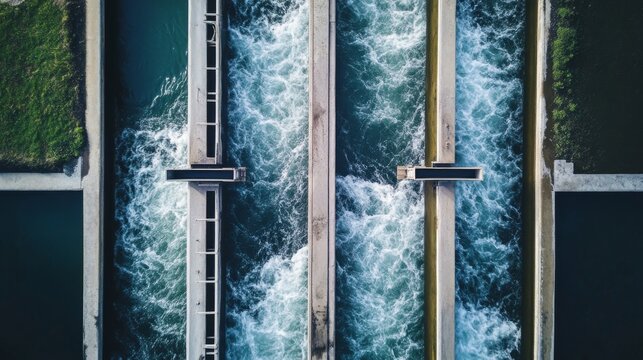 Water flows through industrial channels forming geometric patterns with large negative space captured from a top down view