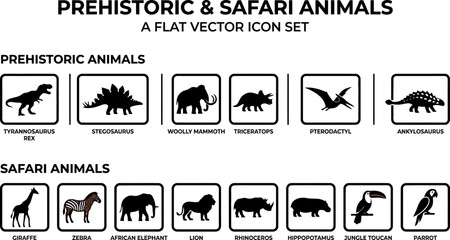 prehistoric and safari animals flat vector icon set with silhouettes of dinosaurs and wild beasts © Afia