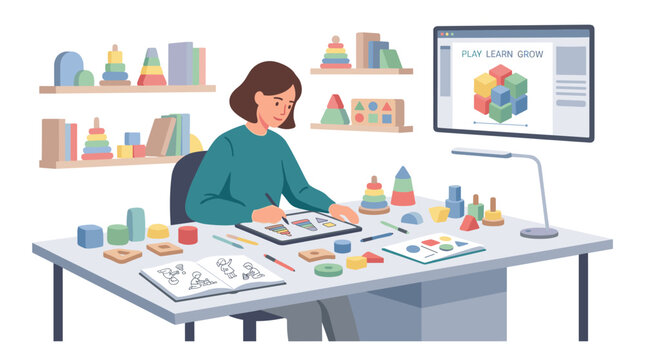 Designer at drafting table creating color study.