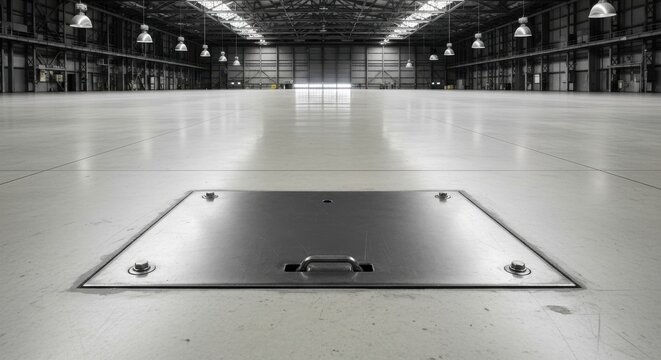 Heavy steel access plate flush with clean concrete floor in vast industrial warehouse interior