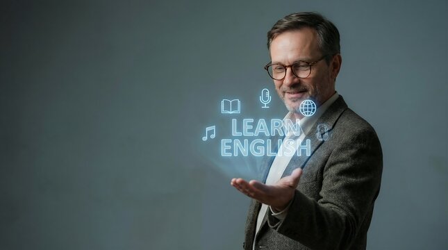 Professional mature Caucasian male instructor utilizing advanced holographic digital educational interface to teach English language skills effectively