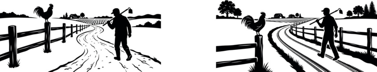 Black Silhouette of Farmer Walking on Countryside Road with Rooster on Fence Post, Rural Farm Fields and Barn in Background Vector Illustration, Traditional Farming Life Concept © Mubeen