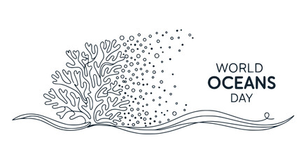 World Oceans Day coral reef illustration with bubbles and waves, clean design © Wachidatun
