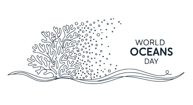 World Oceans Day coral reef illustration with bubbles and waves, clean design