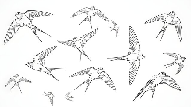 A Collection of Stylized Drawings Depicting Barn Swallows in Various Flight Poses