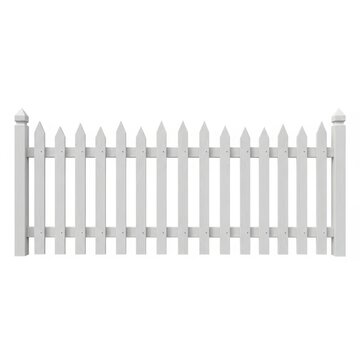 a white picket fence with pointed pickets and square posts on a plain white background