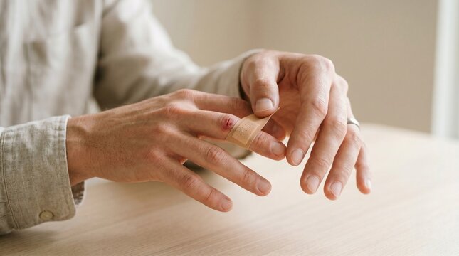 Close-up of a person applying an adhesive bandage to a small cut on their finger